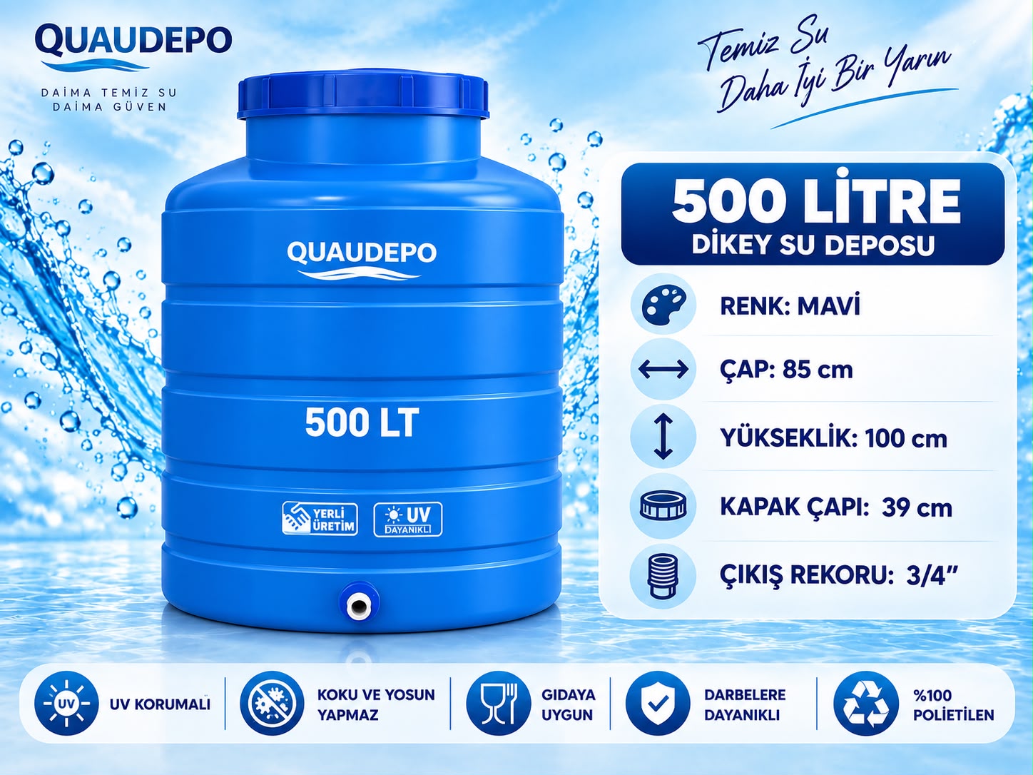 500 LİTRE DİKEY SU DEPOSU - Görsel 2