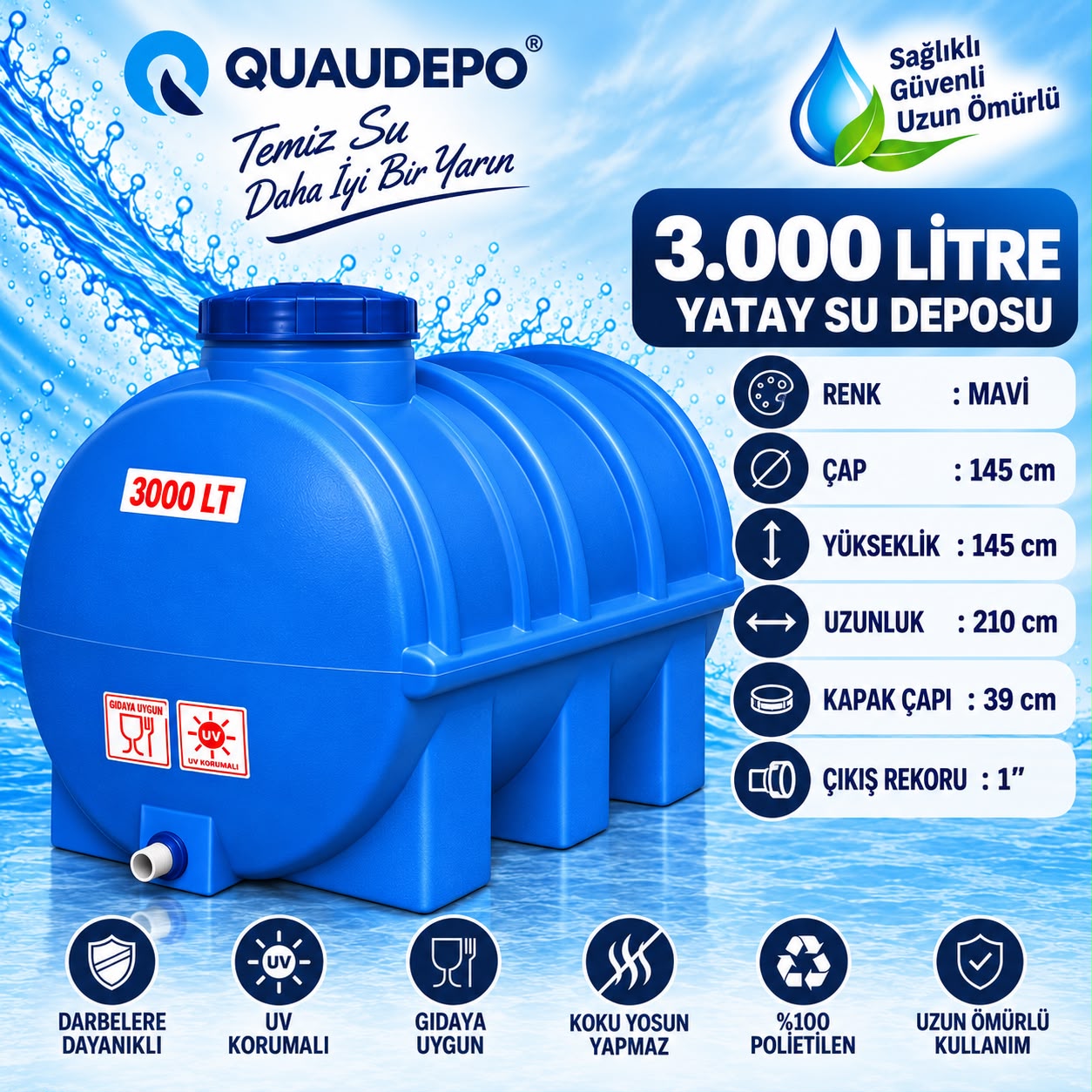 3000 LİTRE YATAY SU DEPOSU