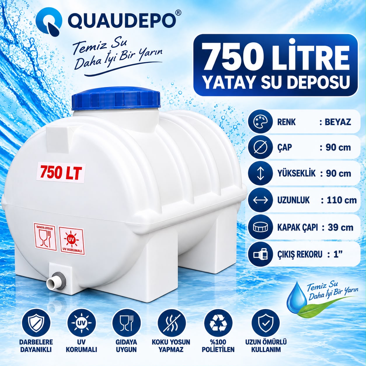 750 LİTRE YATAY SU DEPOSU