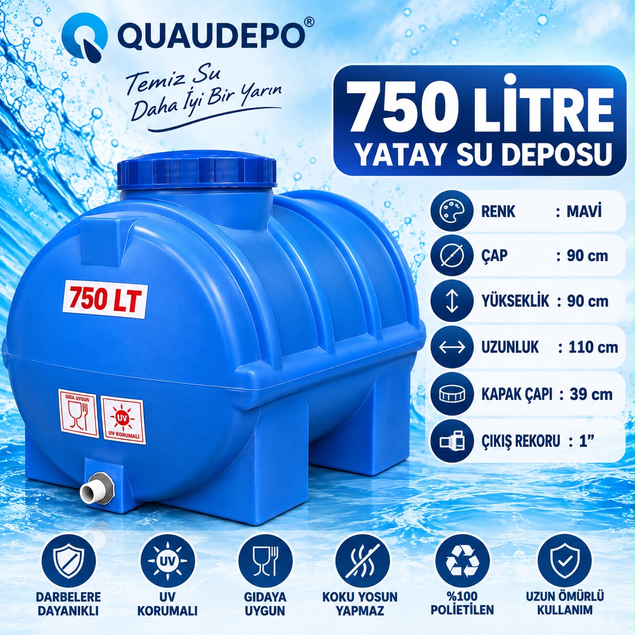 750 LİTRE YATAY SU DEPOSU - Görsel 2