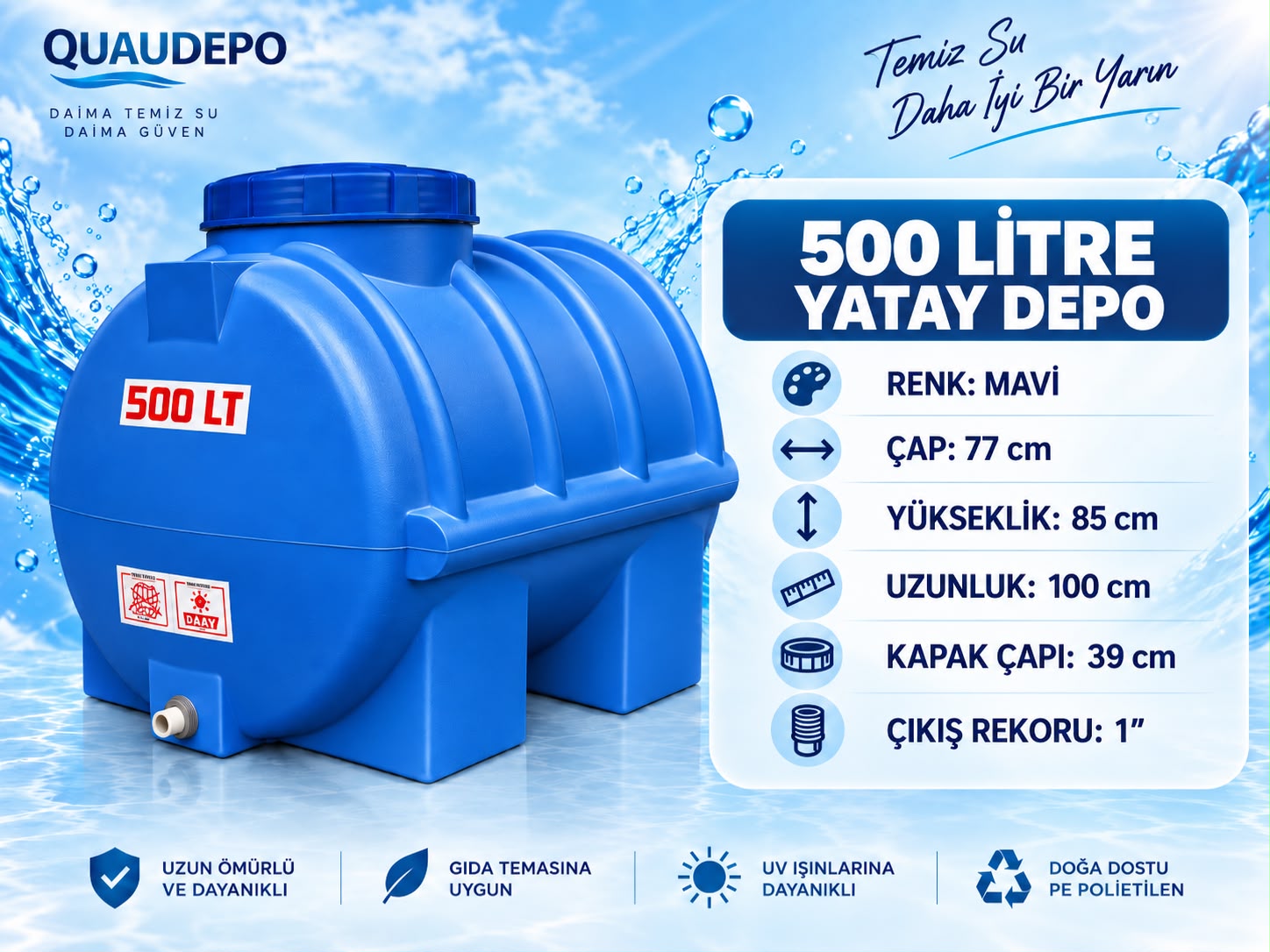 500 LİTRE YATAY SU DEPOSU - Görsel 2