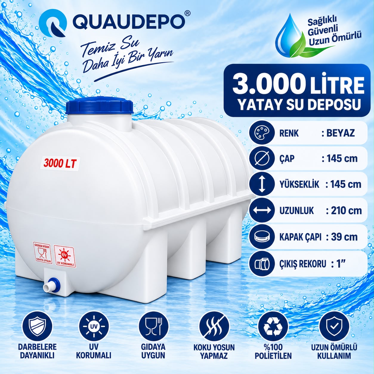 3000 LİTRE YATAY SU DEPOSU - Görsel 2