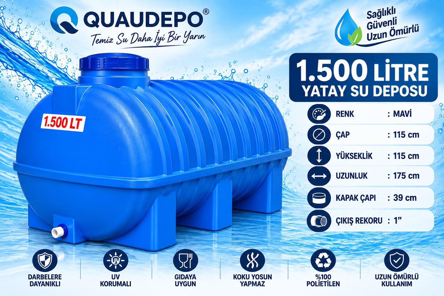 1500 LİTRE YATAY SU DEPOSU - Görsel 2